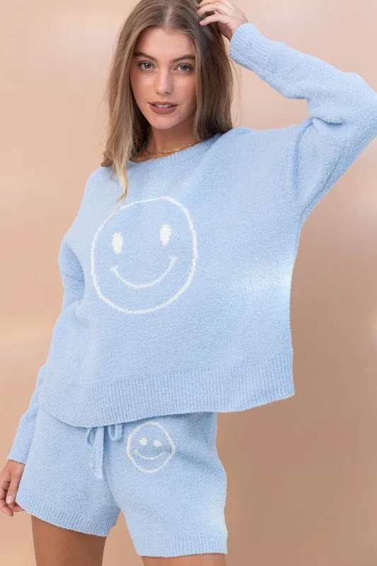 Soft Smiley Print Top Shorts Loungewear Set