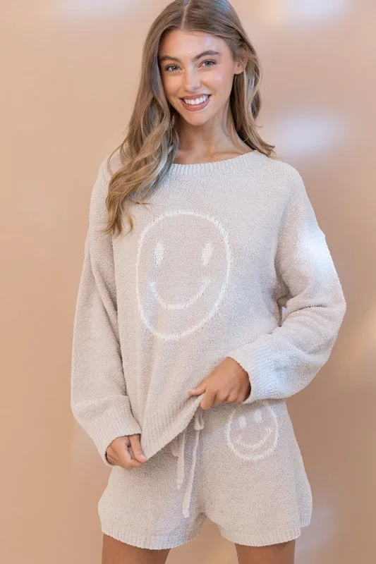 Soft Smiley Print Top Shorts Loungewear Set