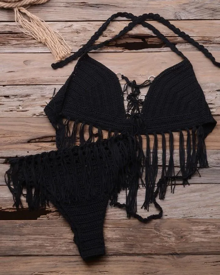 Solid Tassel Strap Bra With Cut-out Panties Sexy Sets