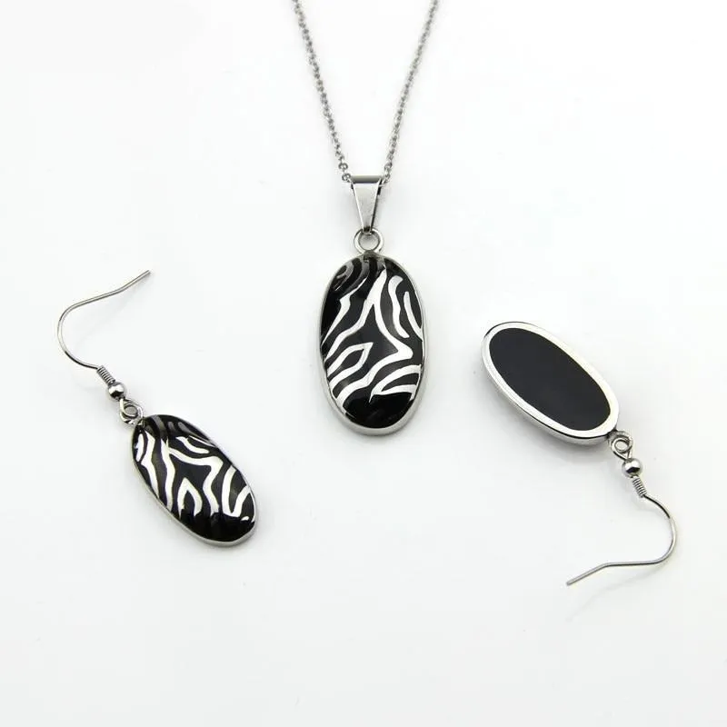 Stainless Steel Jewelry Zebra Stripes Resin Jewelry Set for Women in Silver Color