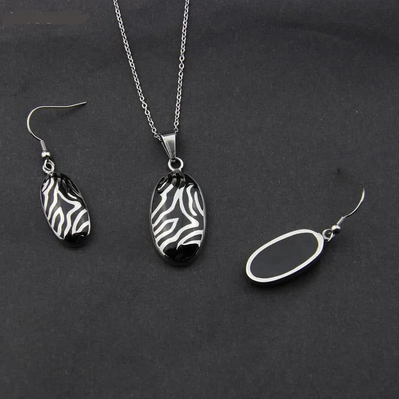 Stainless Steel Jewelry Zebra Stripes Resin Jewelry Set for Women in Silver Color