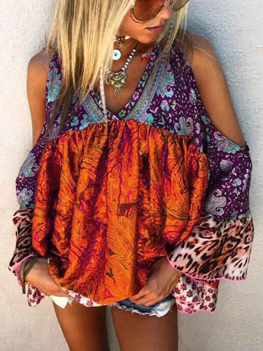 Stylish Casual Bohemian Printed V-neck Top