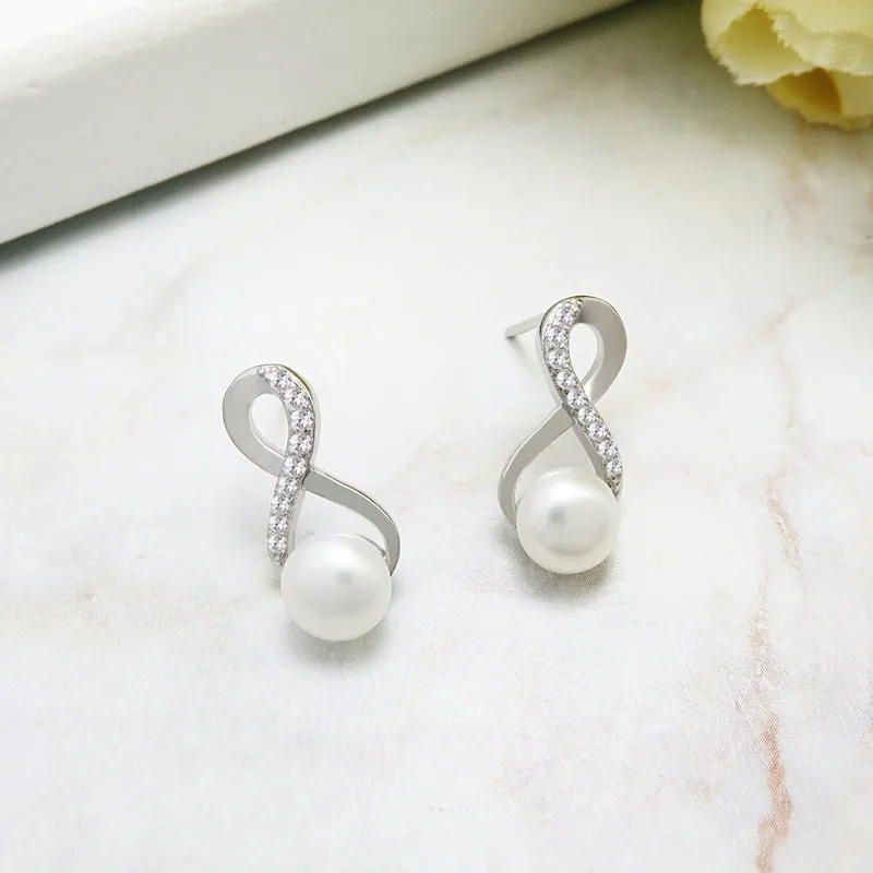 Trendy Jewelry Pretty White Infinity Pearl Earrings for Women in 925 Sterling Silver