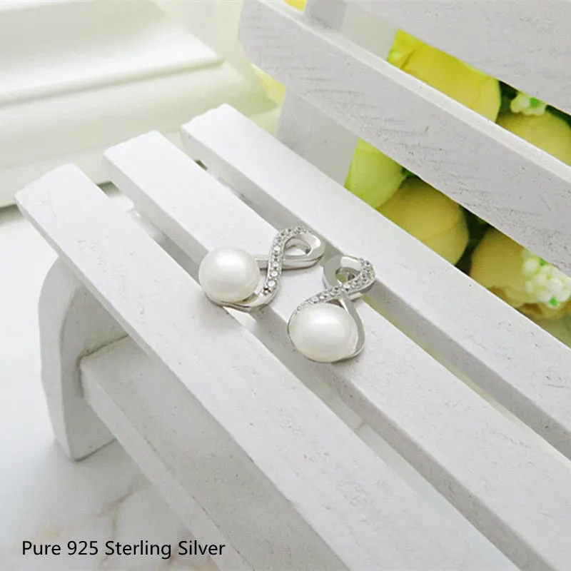 Trendy Jewelry Pretty White Infinity Pearl Earrings for Women in 925 Sterling Silver