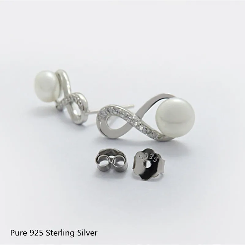 Trendy Jewelry Pretty White Infinity Pearl Earrings for Women in 925 Sterling Silver