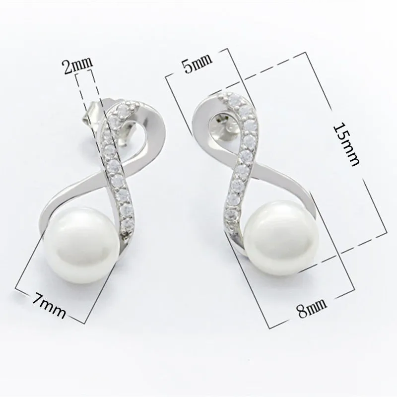 Trendy Jewelry Pretty White Infinity Pearl Earrings for Women in 925 Sterling Silver