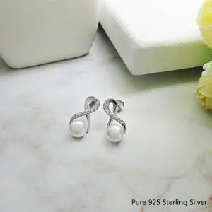 Trendy Jewelry Pretty White Infinity Pearl Earrings for Women in 925 Sterling Silver