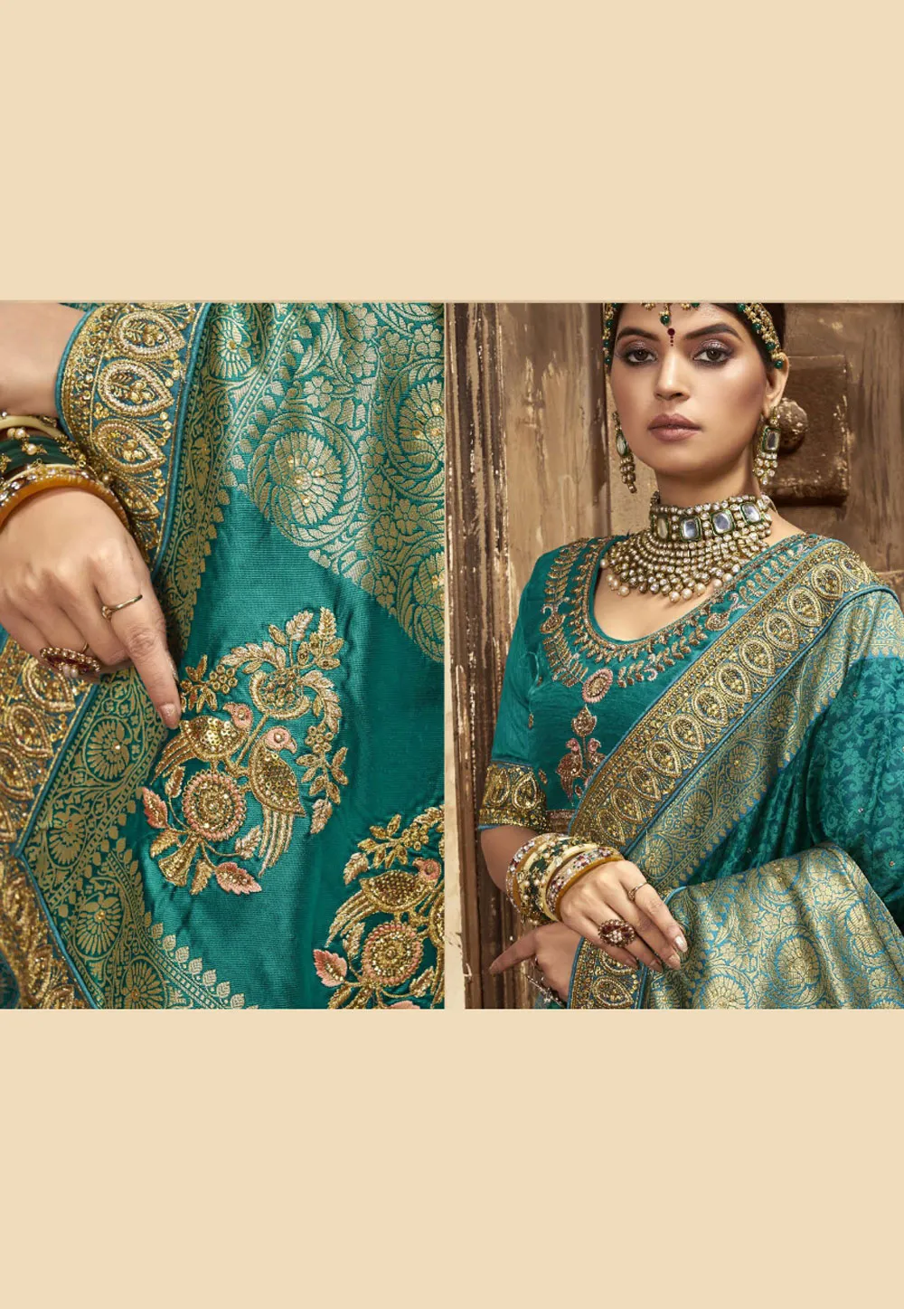 Turquoise Golden Embroidered Wedding Saree