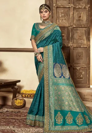 Turquoise Golden Embroidered Wedding Saree