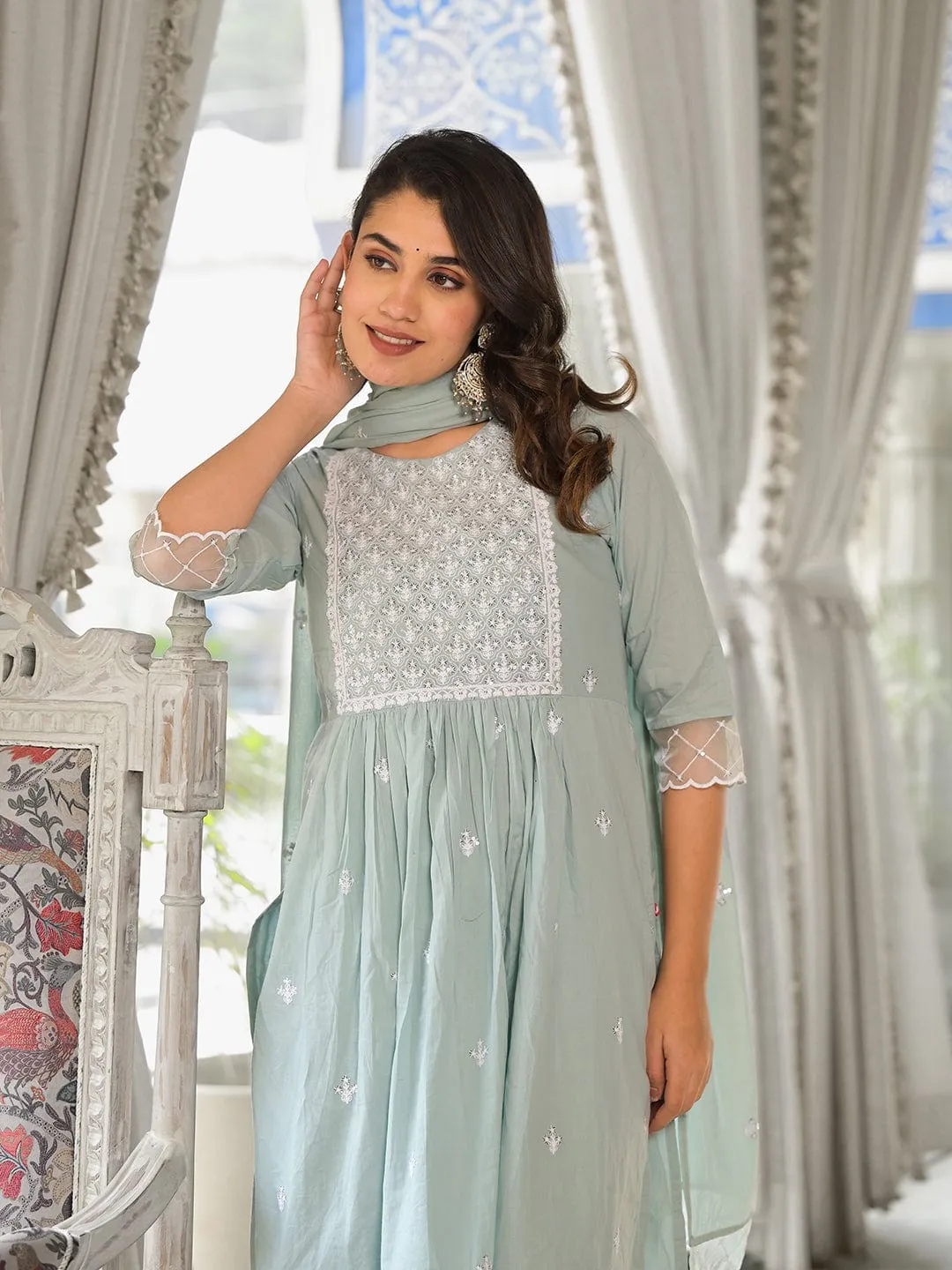 Varanga light blue embroidered three quarter sleeve straight kurta with tonal bottom and tonal dupatta.