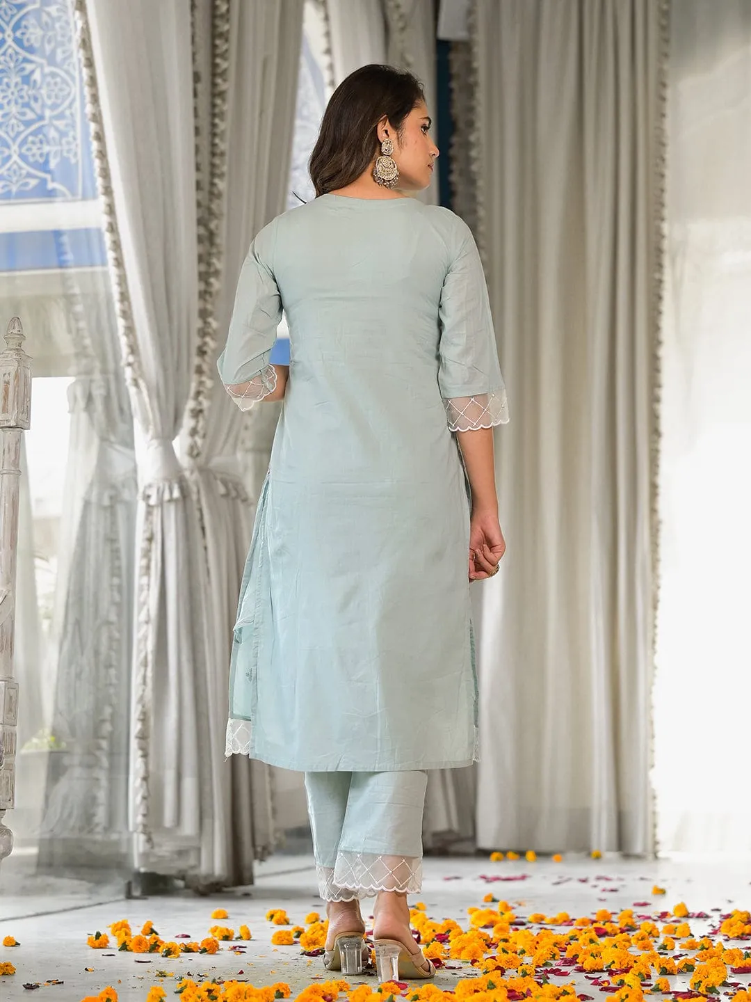 Varanga light blue embroidered three quarter sleeve straight kurta with tonal bottom and tonal dupatta.