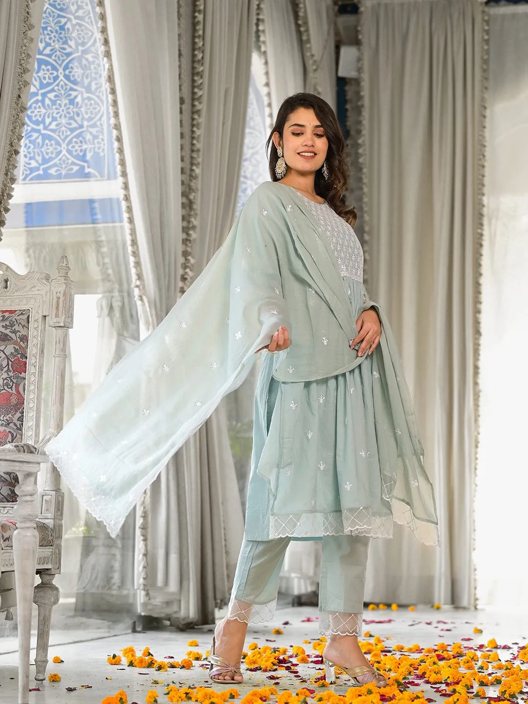 Varanga light blue embroidered three quarter sleeve straight kurta with tonal bottom and tonal dupatta.