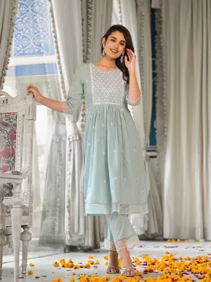 Varanga light blue embroidered three quarter sleeve straight kurta with tonal bottom and tonal dupatta.