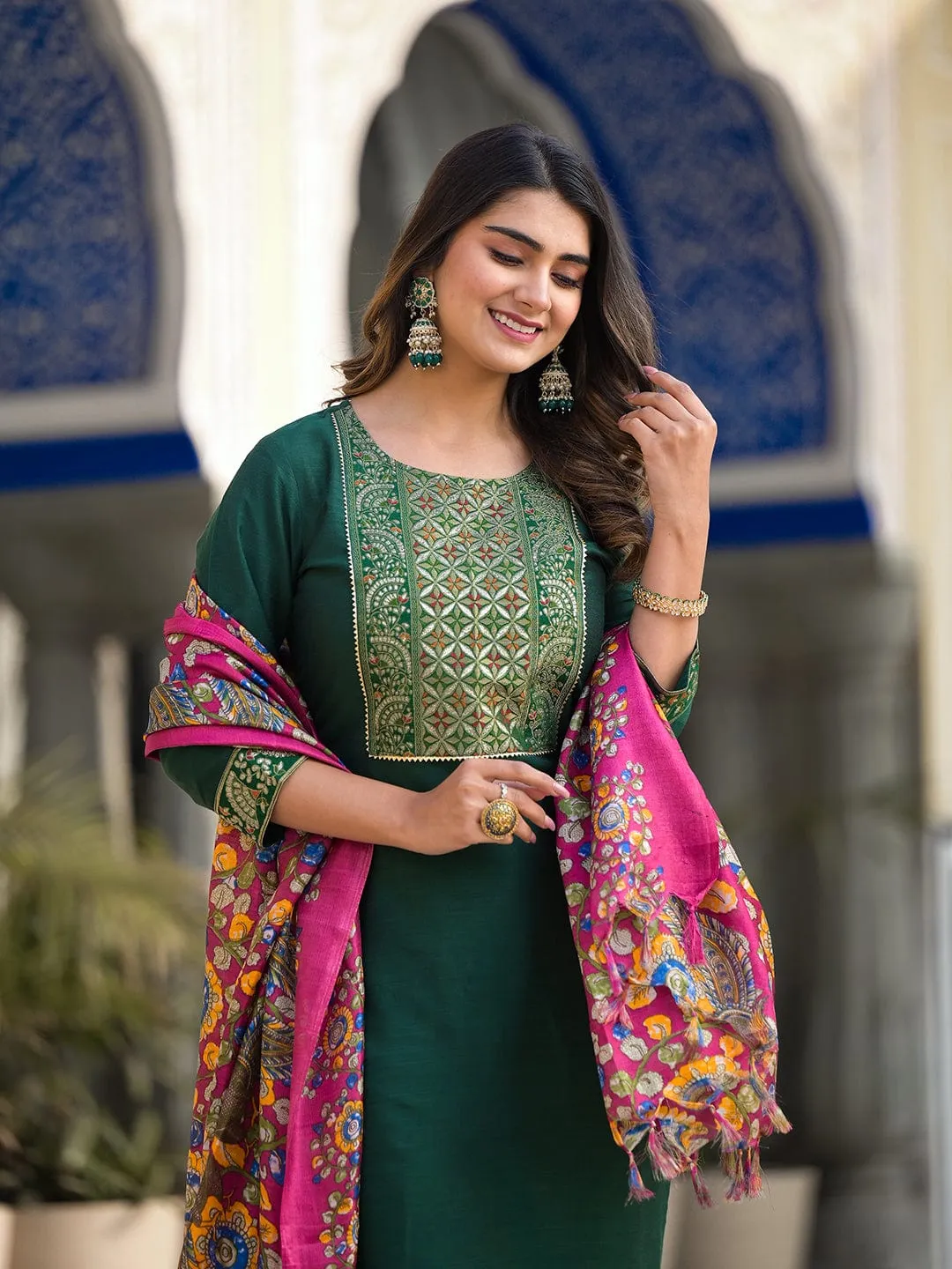 Varanga Women Green straight kurta, embellished at yoke with three quarter sleeves paired with tonal bottom and contrast printed bhagalpuri dupatta