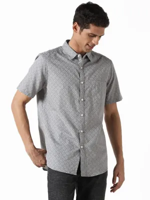 WES Casuals Floral Printed Grey Slim-Fit Blended Linen Shirt