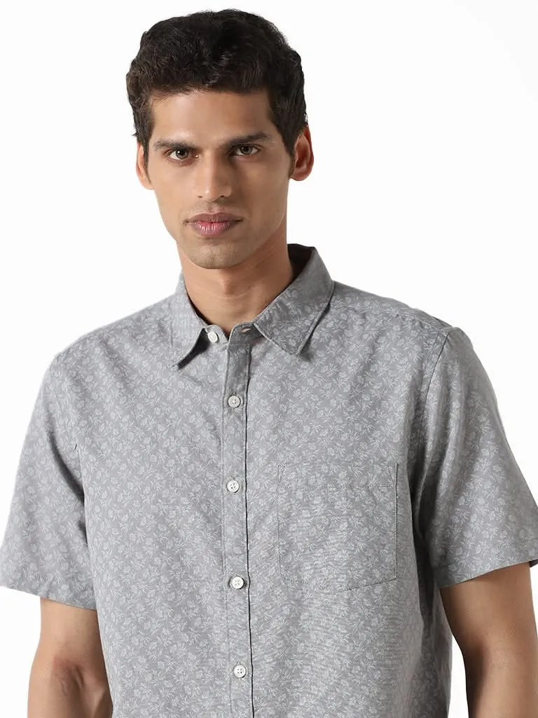 WES Casuals Floral Printed Grey Slim-Fit Blended Linen Shirt