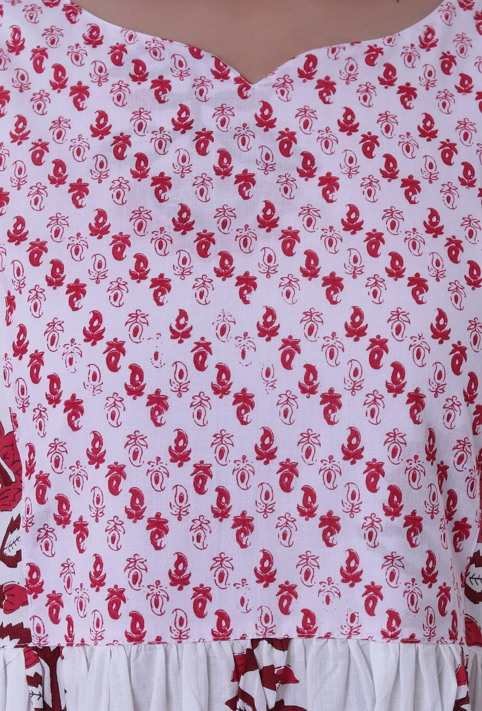 White Cotton Block Printed With Red Motif Kurta