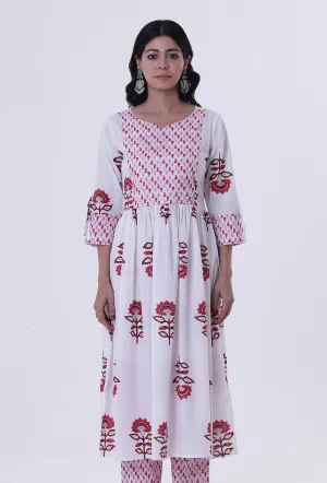 White Cotton Block Printed With Red Motif Kurta