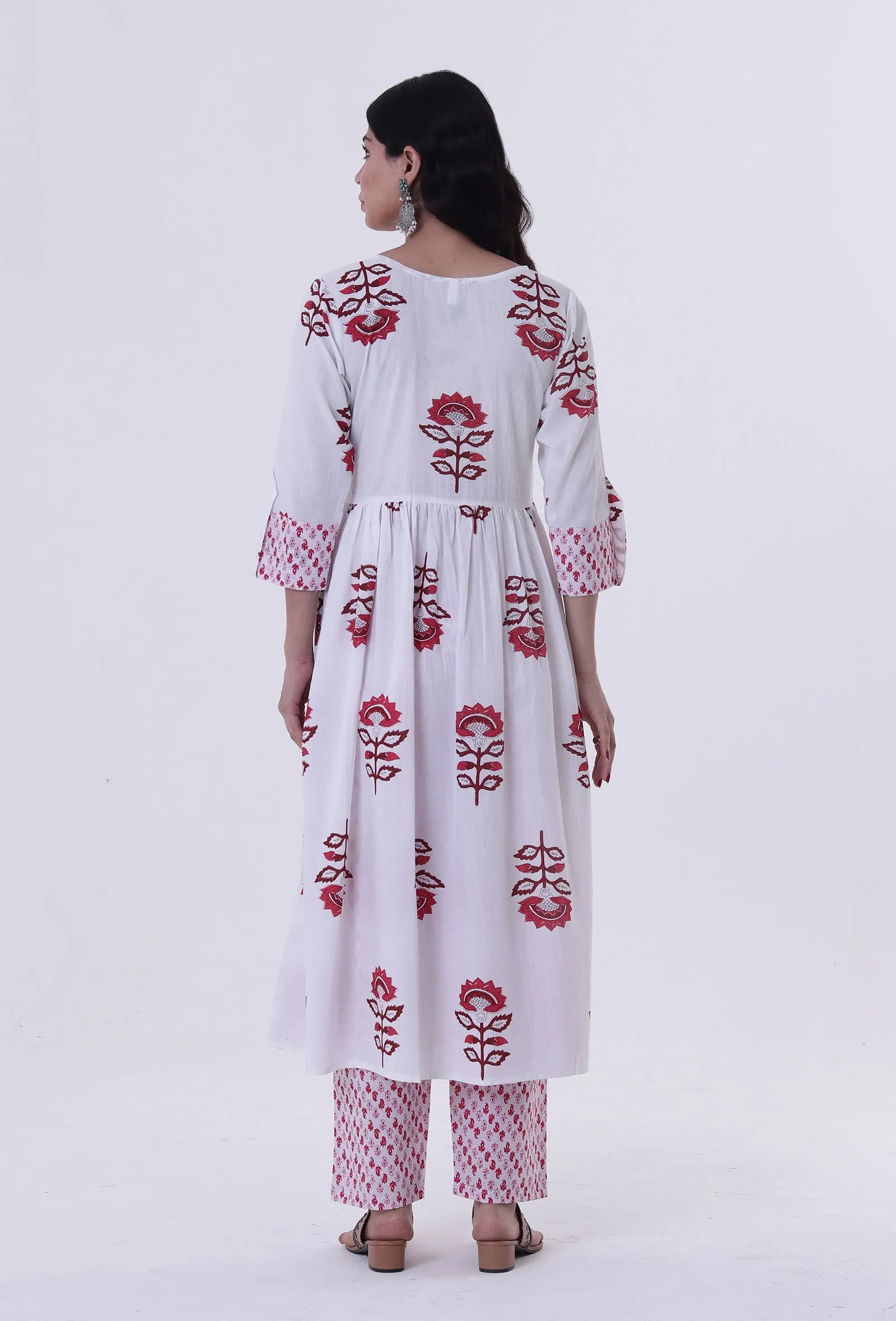 White Cotton Block Printed With Red Motif Kurta