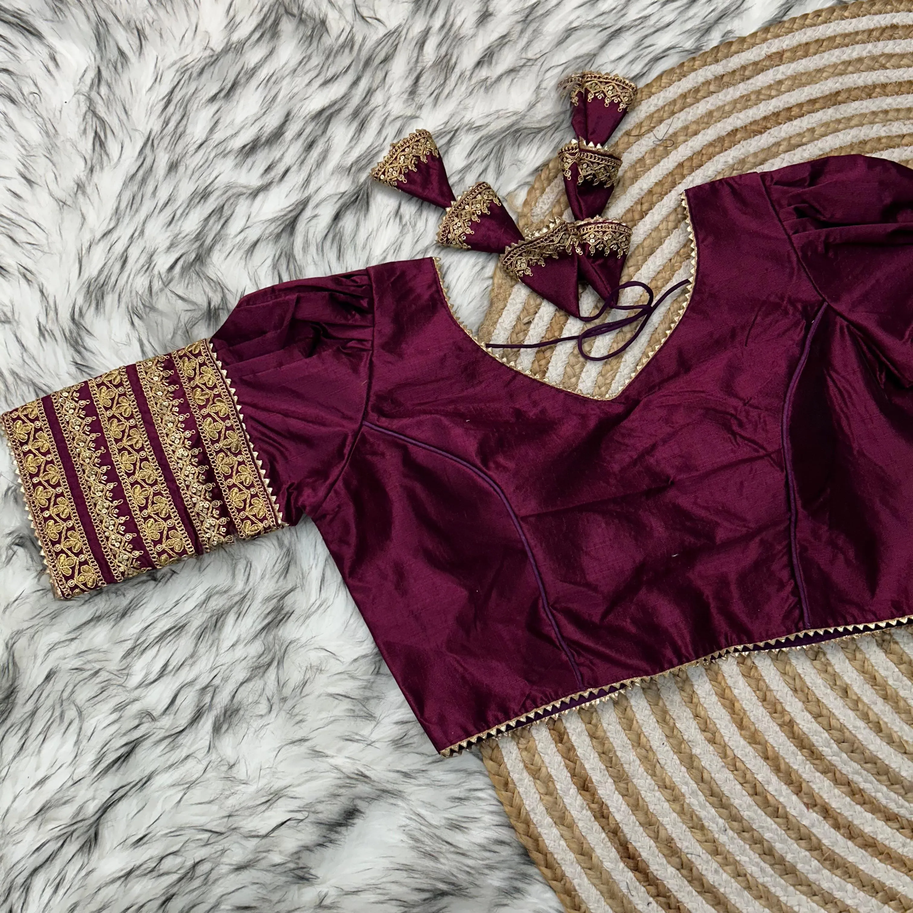 Wine Kilmora Silk Blouse with Handcrafted Embroidery and Sequence Accents