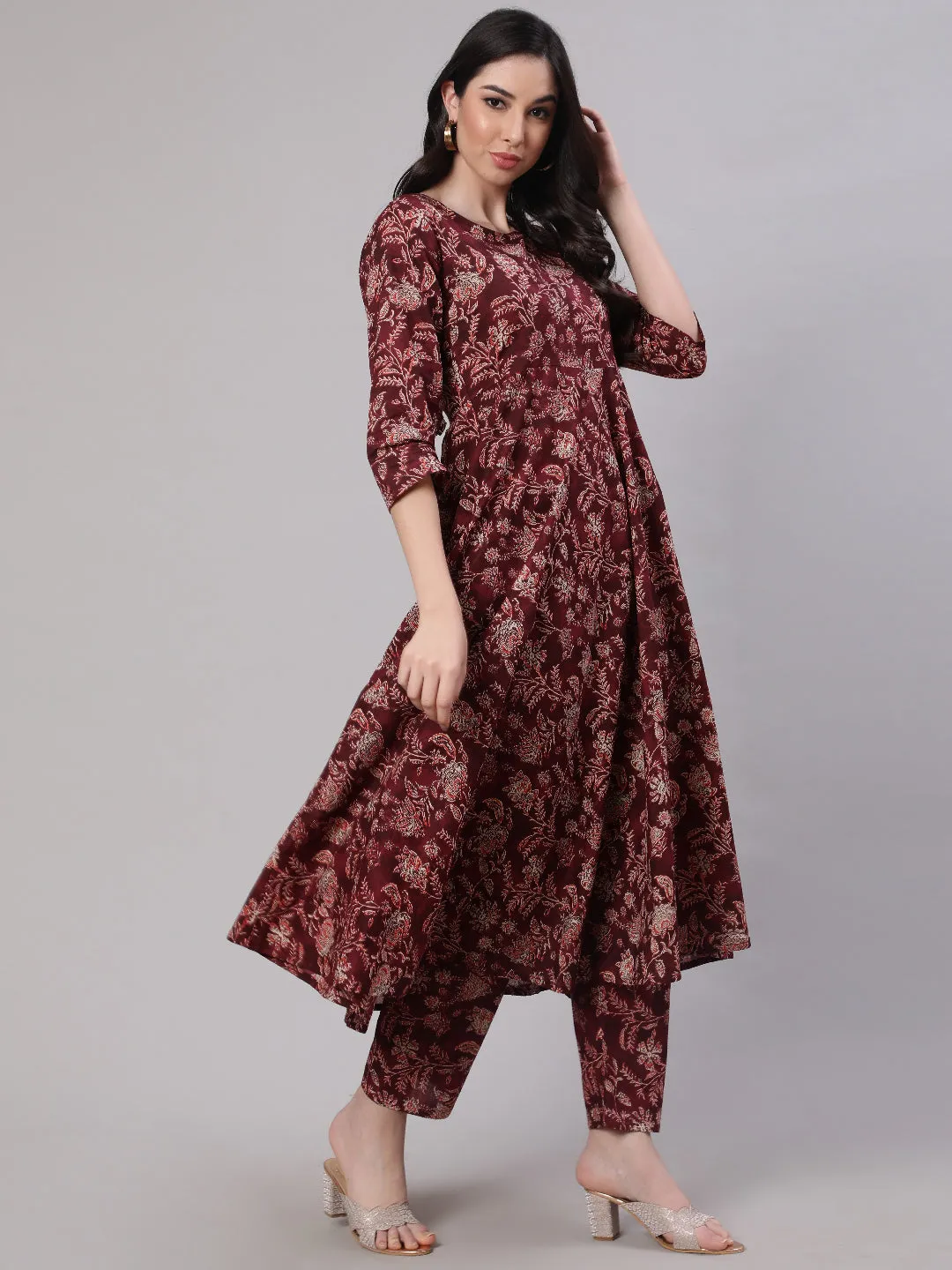 Women Burgundy Floral Printed Flared Kurta With Trouser And Dupatta