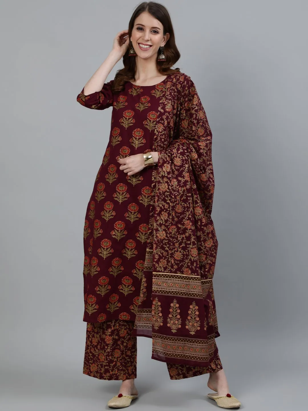 Women Burgundy Floral Printed Pure Cotton Kurta & Palazzos With Dupatta