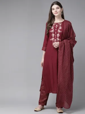 Women Maroon Embroidered Dupatta Set