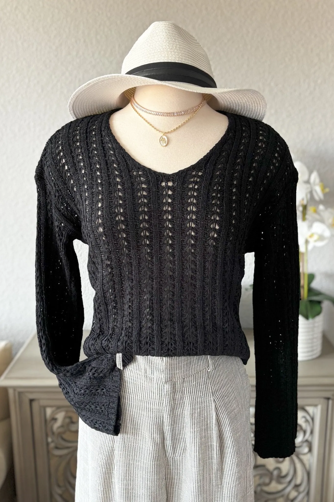 Women's Open Knit Crochet V-Neck Sweater Top | Black