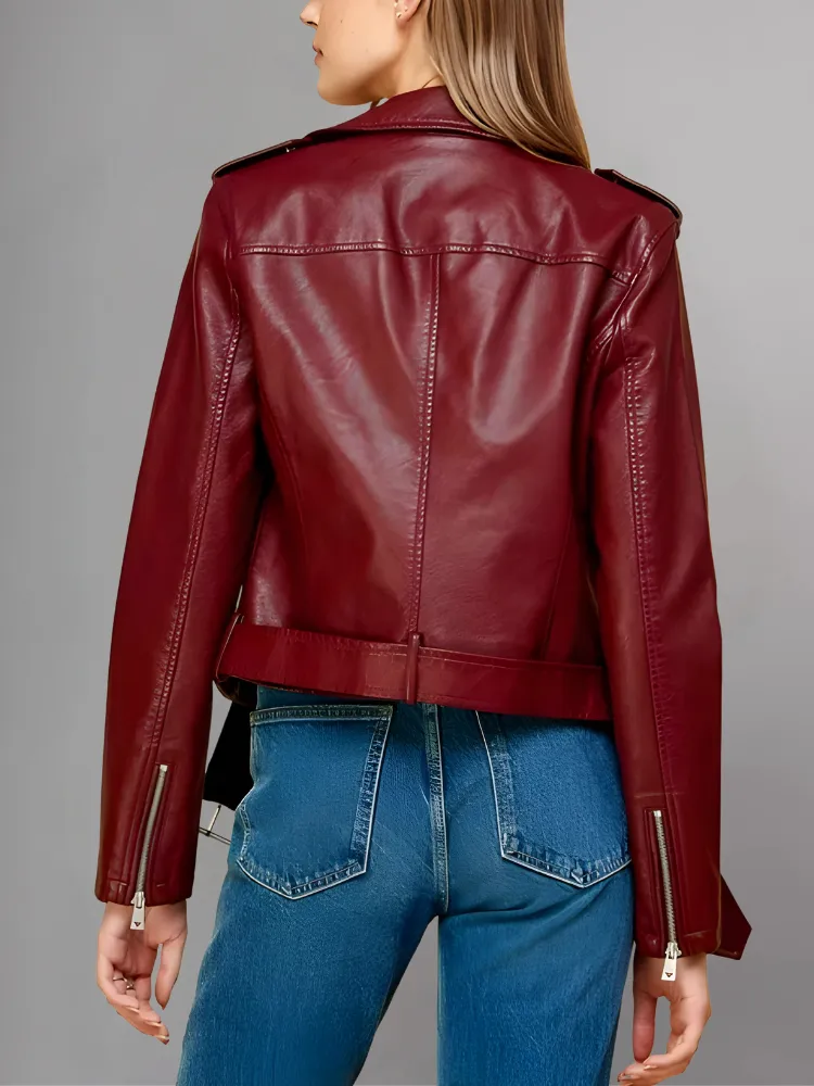 Women's Red Biker Real Leather Jacket