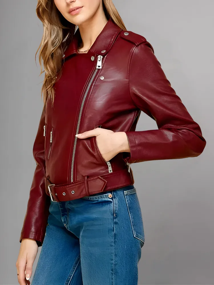 Women's Red Biker Real Leather Jacket