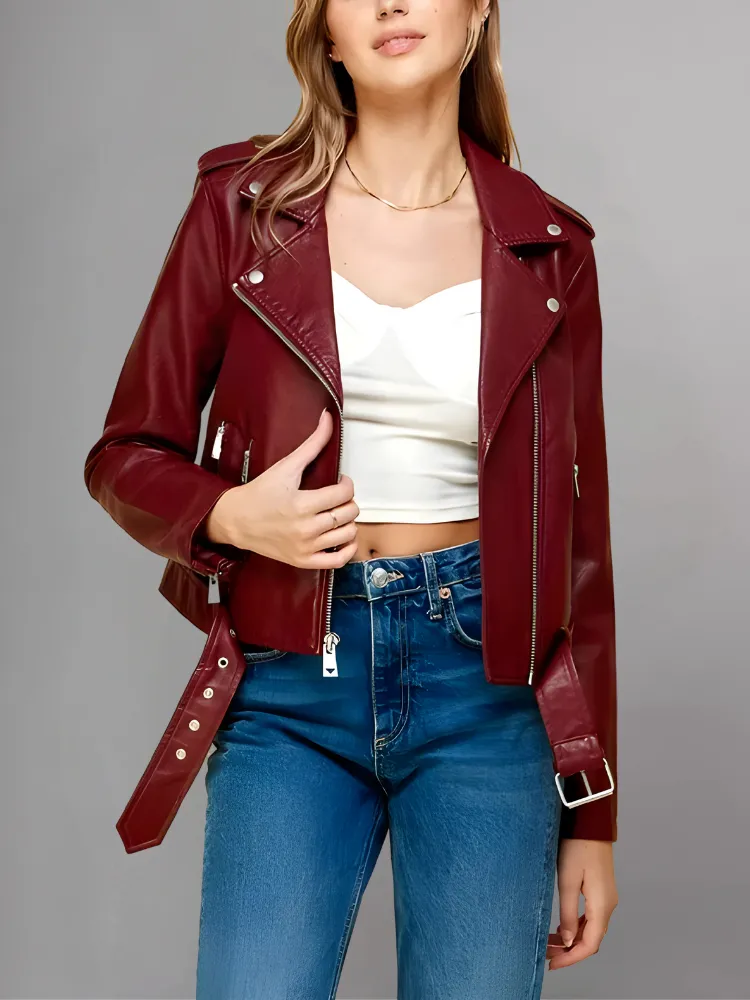 Women's Red Biker Real Leather Jacket