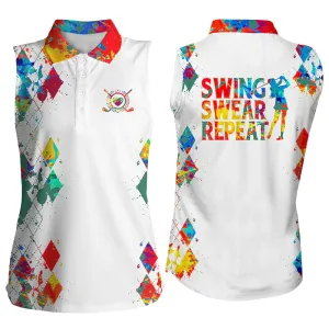 Women's sleeveless golf polo shirt, watercolor swing swear repeat white golf shirt, golfing gifts