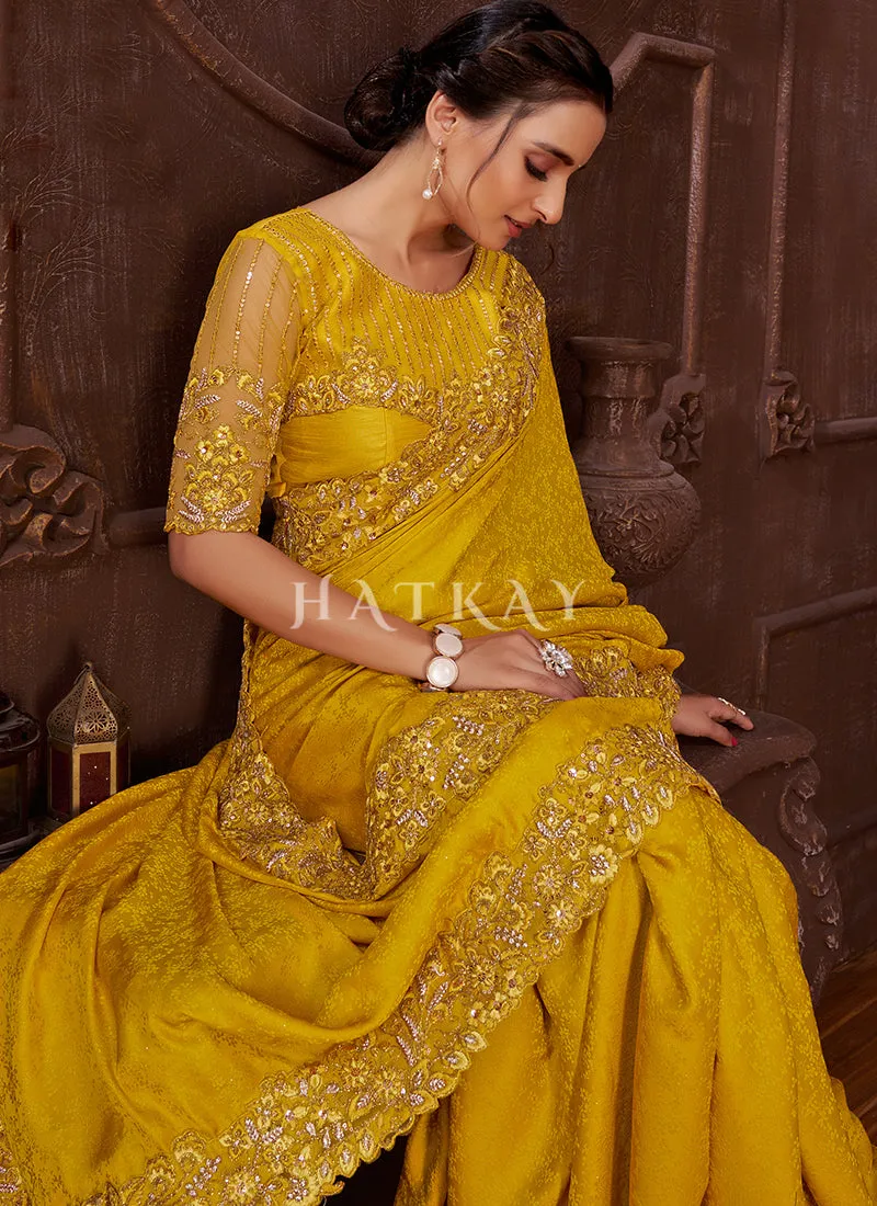 Yellow Embroidered Wedding Wear Indian Saree